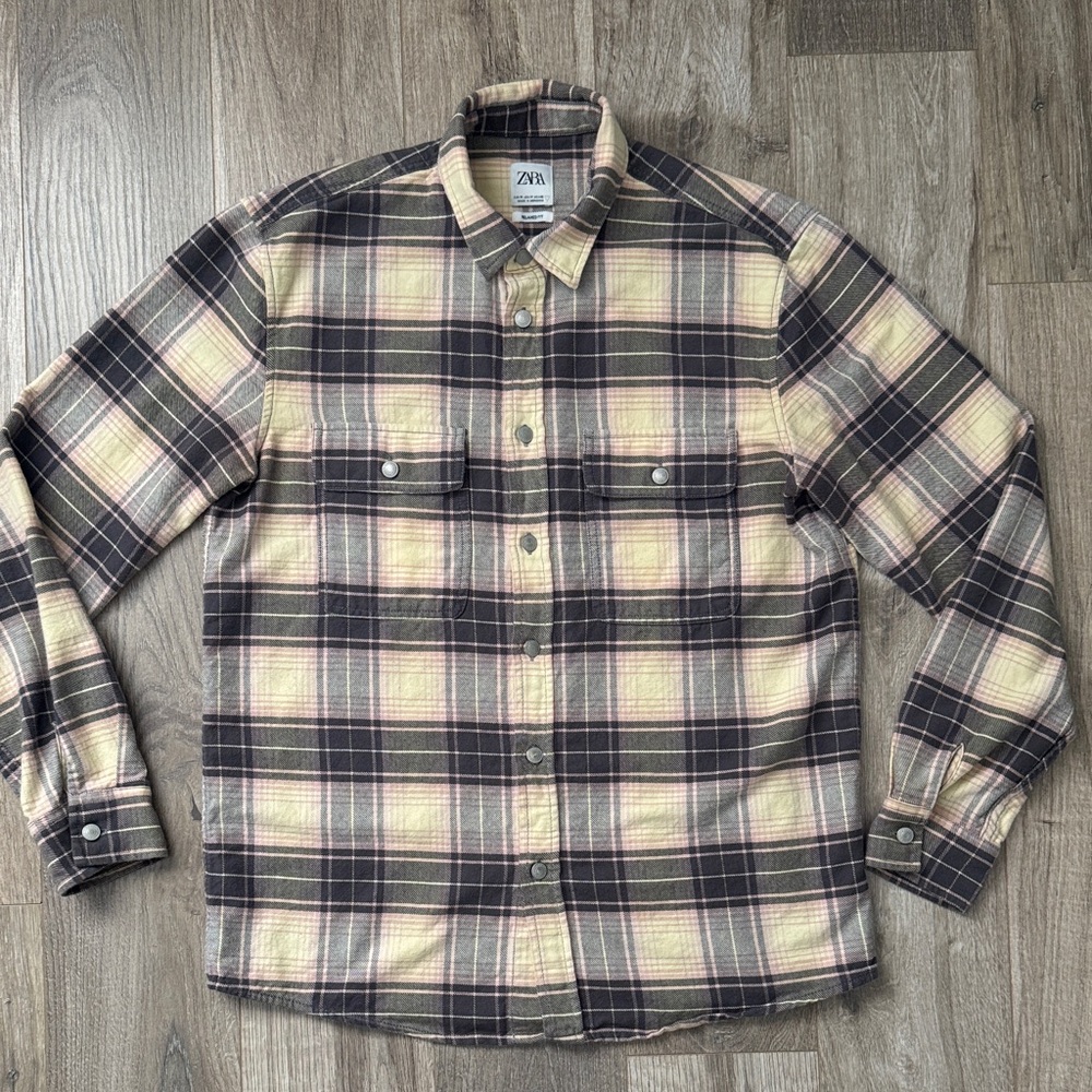 Zara Men’s Relaxed FIT Plaid Button-Down Long-Sleeve Flannel Shirt Size M